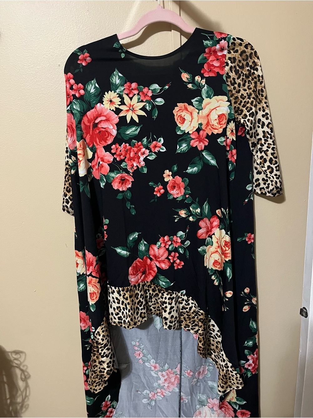 Black Floral and Leopard-Trim Midi Dress in Coral and Cream